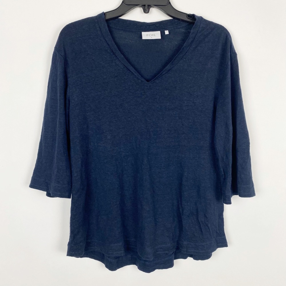 FOIL 100% Linen V-Neck Elbow Sleeve‎ Knit Basic Top Womens Size S Navy Luxury